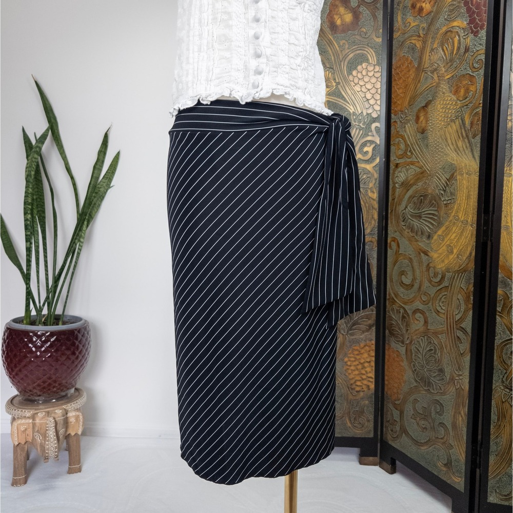 Black Pinstripe Wrap Midi Skirt Stretch Tie Waist Minimal Officecore‎ M